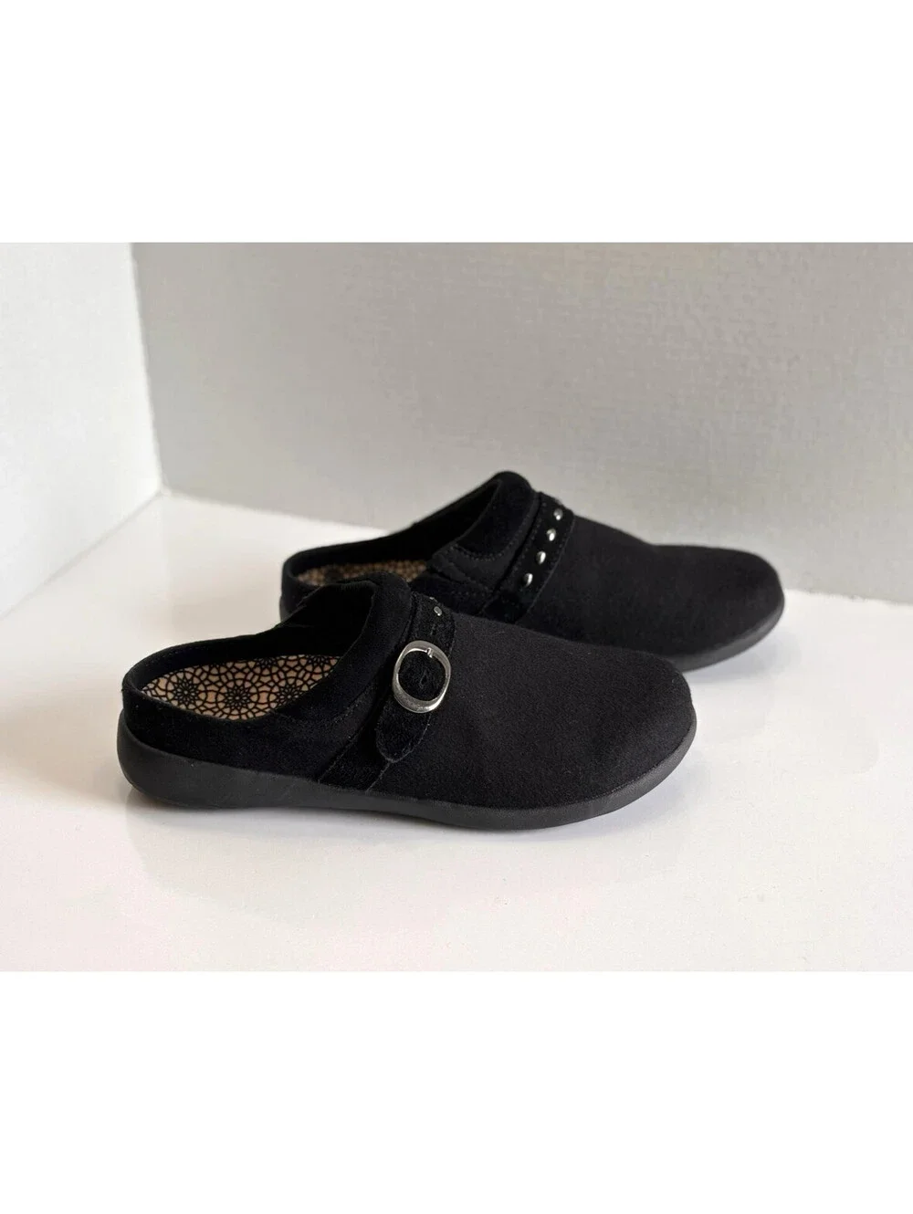 Spenco Ashley Mule Clogs Women's Sz 9.5 Black Wool Buckle Orthotic Comfort Shoes
